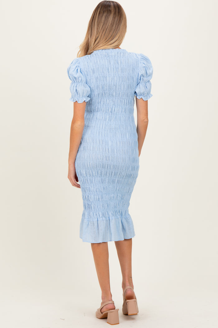 Light Blue Smocked Fitted Maternity Midi Dress