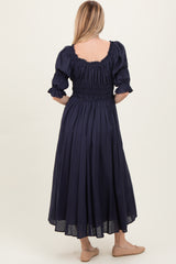 Navy Smocked Ruffle Square Neck Midi Dress