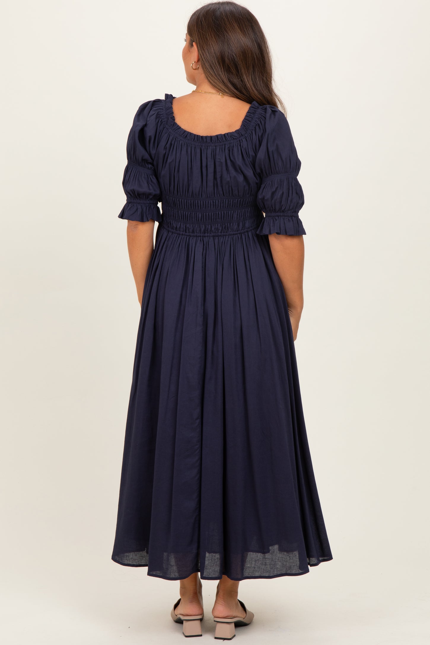Navy Smocked Ruffle Square Neck Maternity Midi Dress