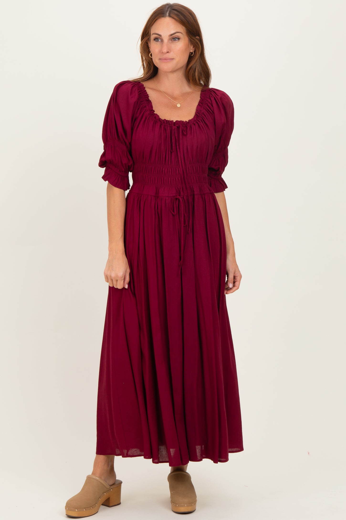 Burgundy Smocked Ruffle Square Neck Maternity Midi Dress