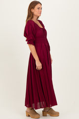 Burgundy Smocked Ruffle Square Neck Midi Dress