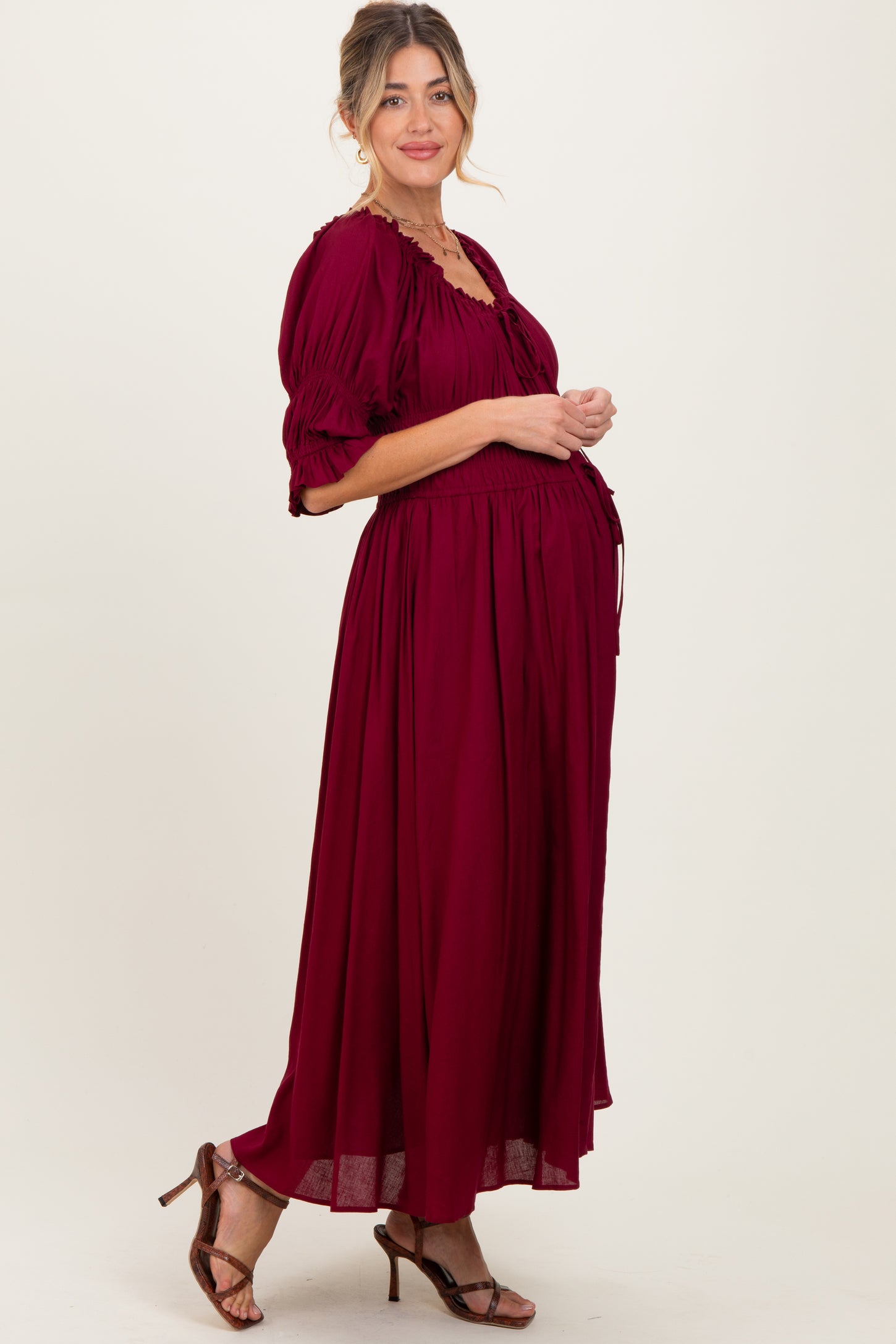 Burgundy Smocked Ruffle Square Neck Maternity Midi Dress