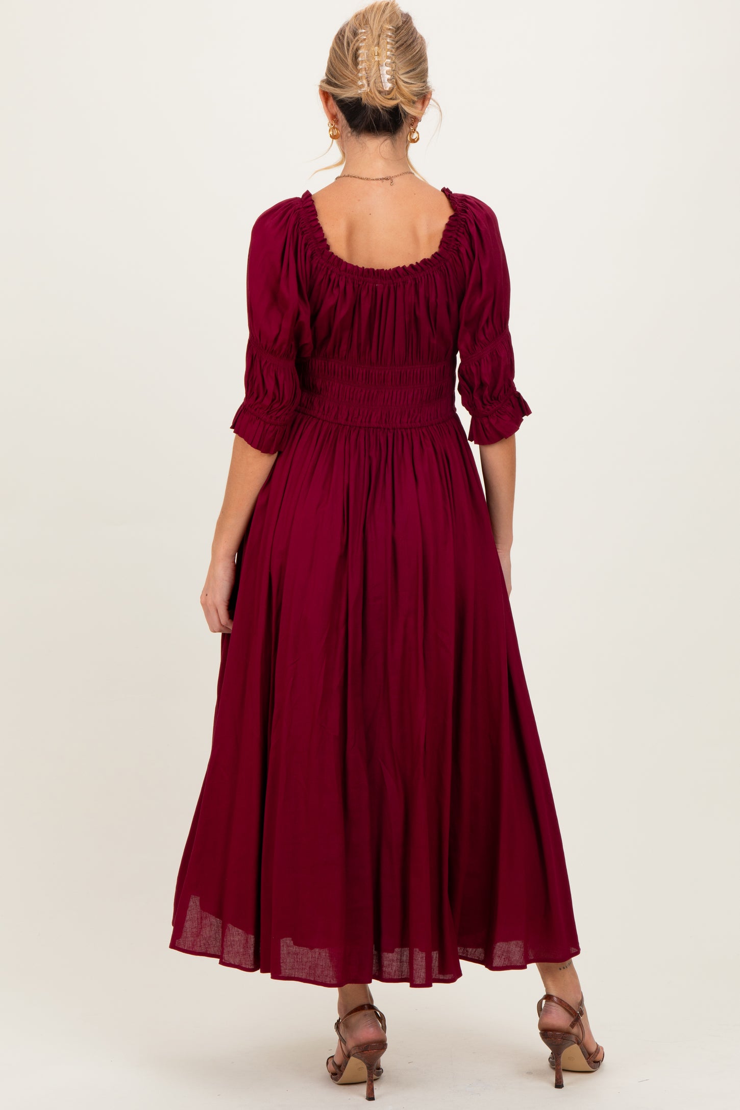 Burgundy Smocked Ruffle Square Neck Maternity Midi Dress