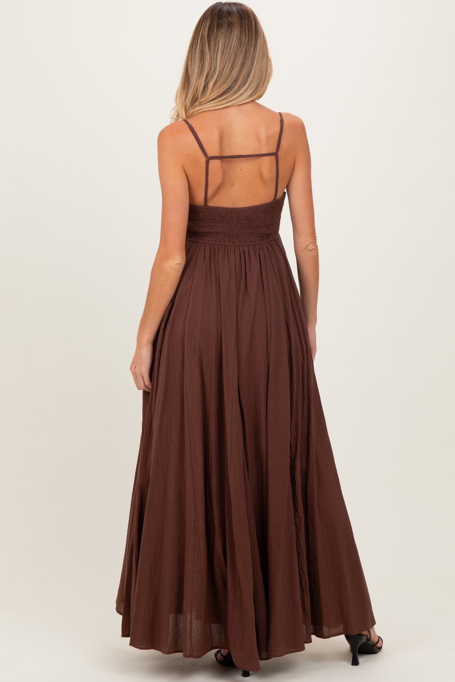 Brown Gathered Tie Front Maternity Maxi Dress