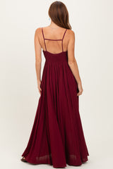 Burgundy Gathered Tie Front Maxi Dress
