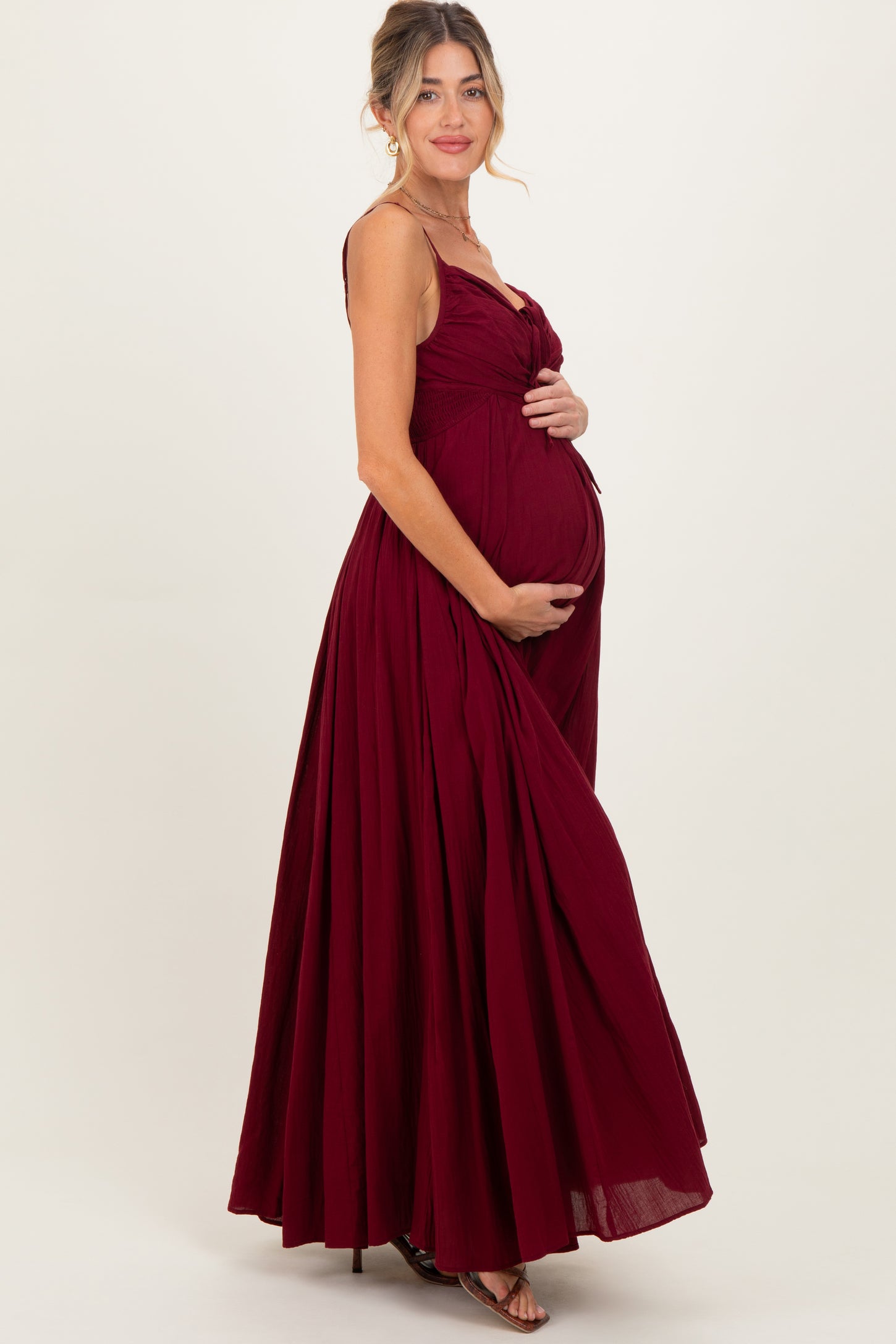 Burgundy Gathered Tie Front Maternity Maxi Dress