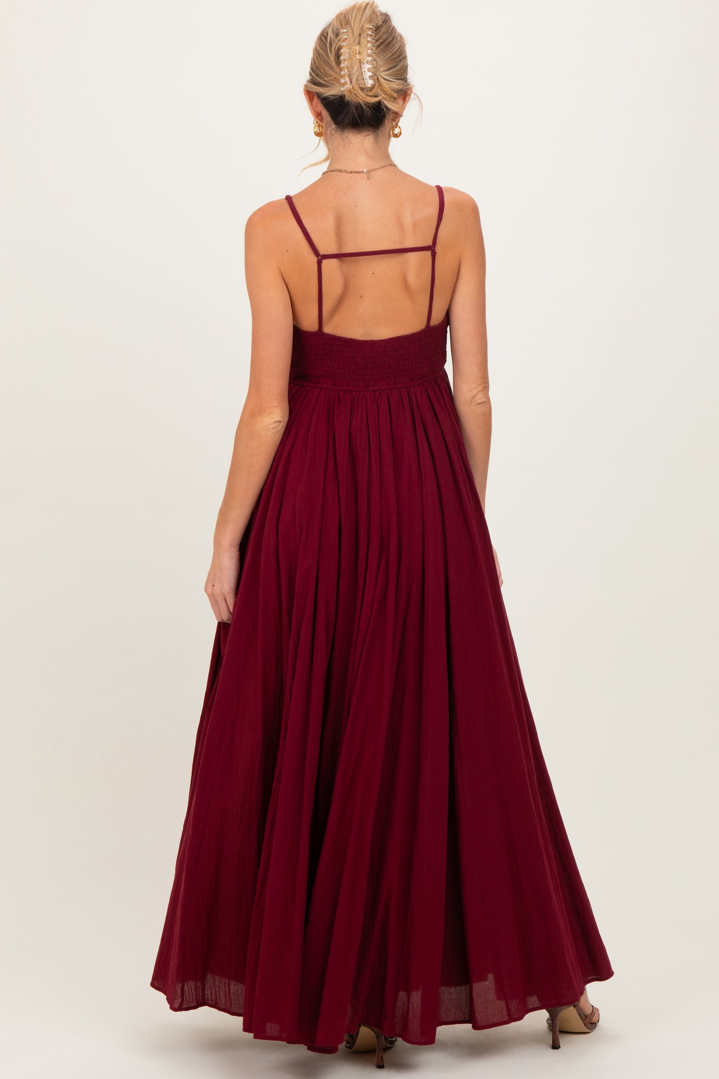Burgundy Gathered Tie Front Maternity Maxi Dress