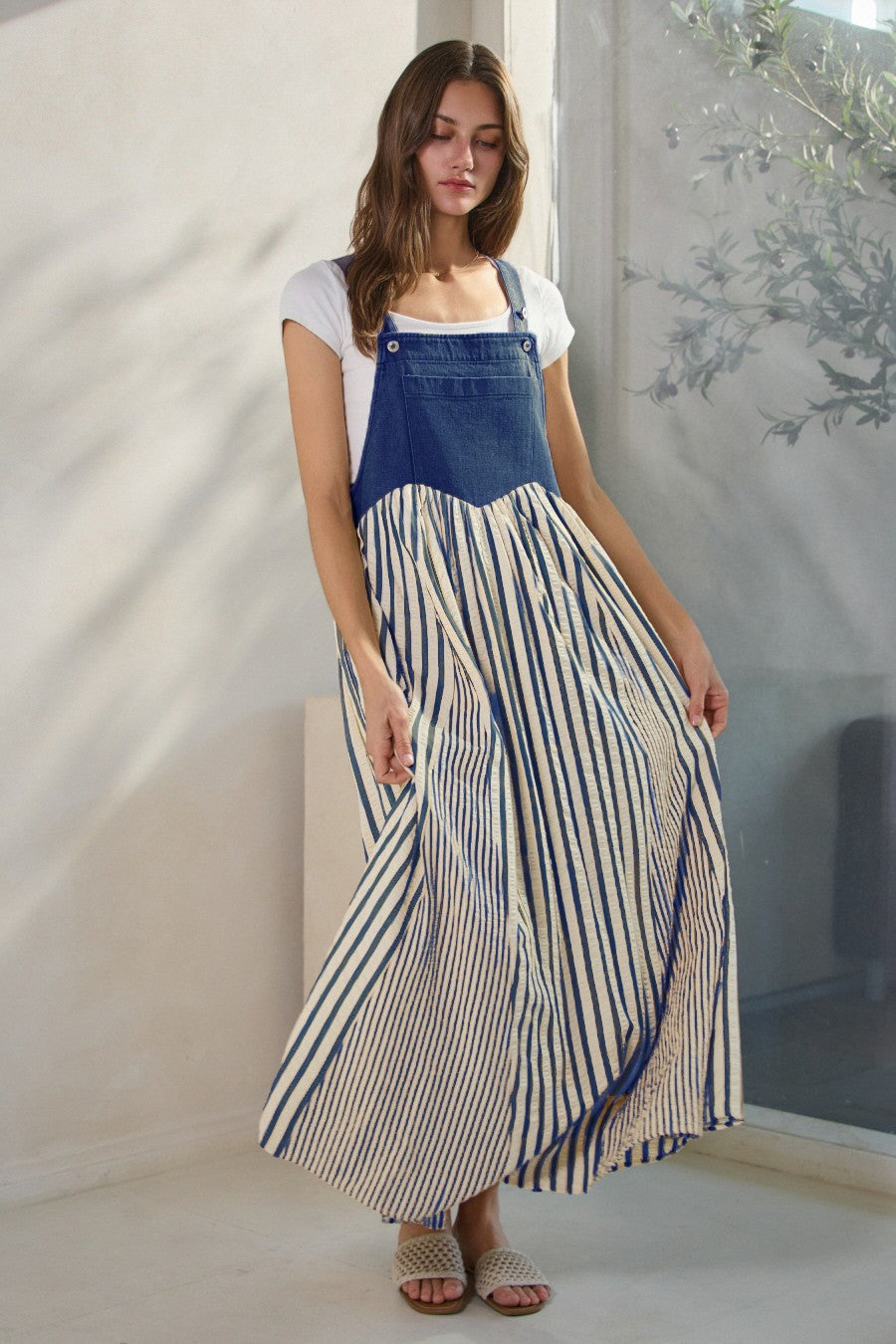 Blue Striped Colorblock Denim Contrast Maxi Dress