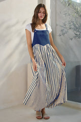 Blue Striped Colorblock Denim Contrast Maternity Maxi Dress