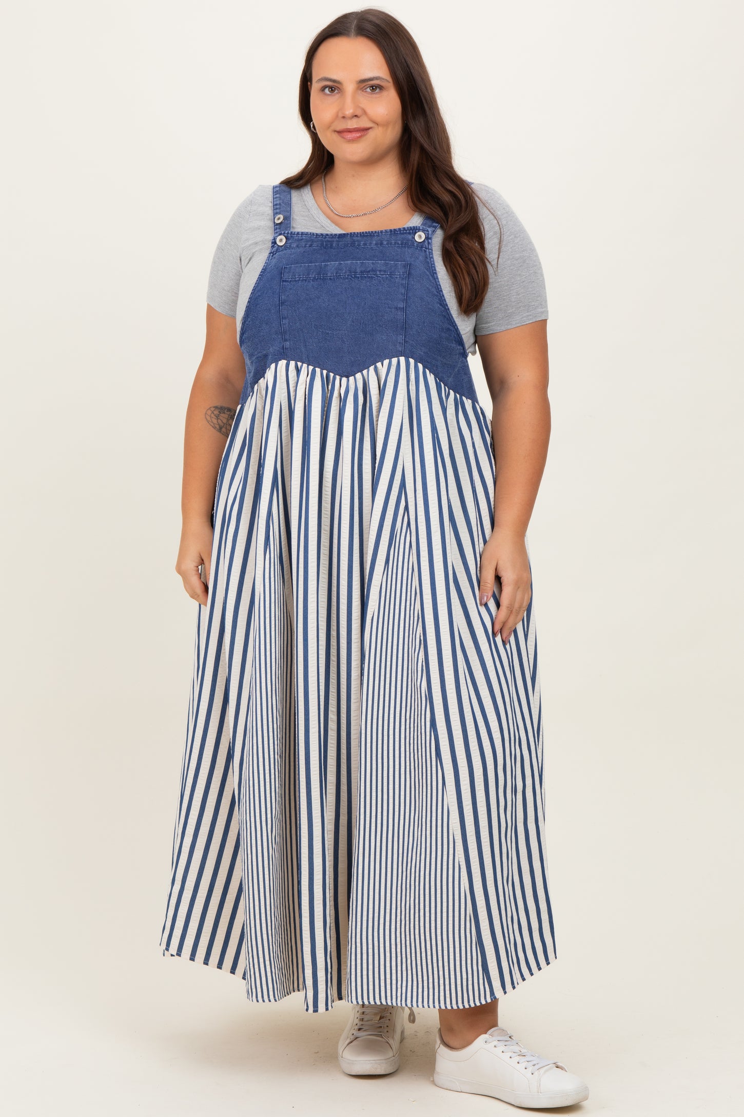 Blue Striped Colorblock Denim Contrast Maternity Plus Maxi Dress