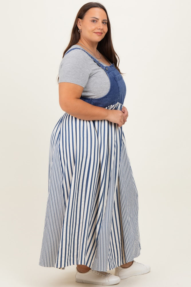 Blue Striped Colorblock Denim Contrast Plus Maxi Dress