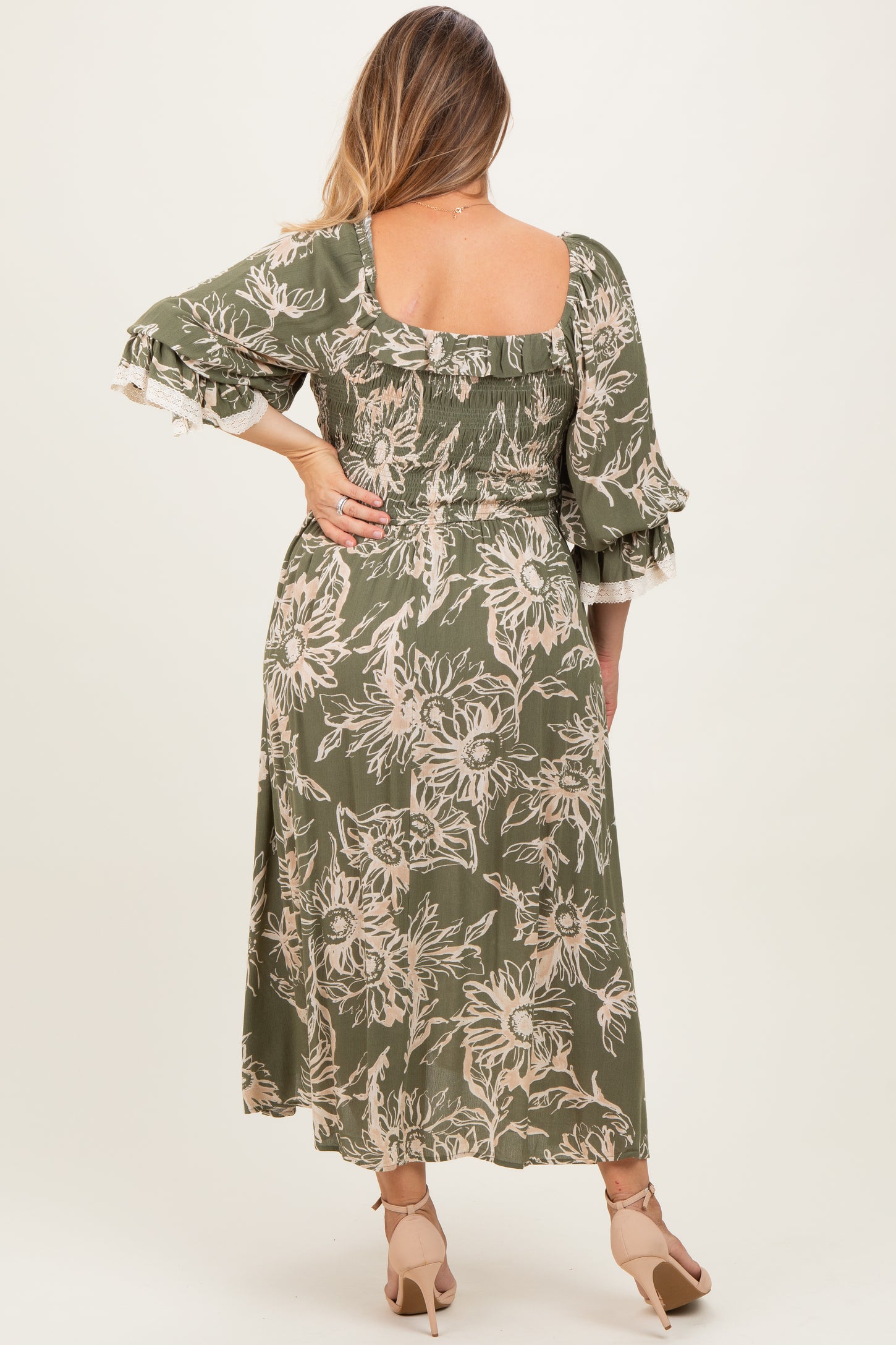 Olive Floral Smocked 3/4 Sleeve Maternity Plus Midi Dress