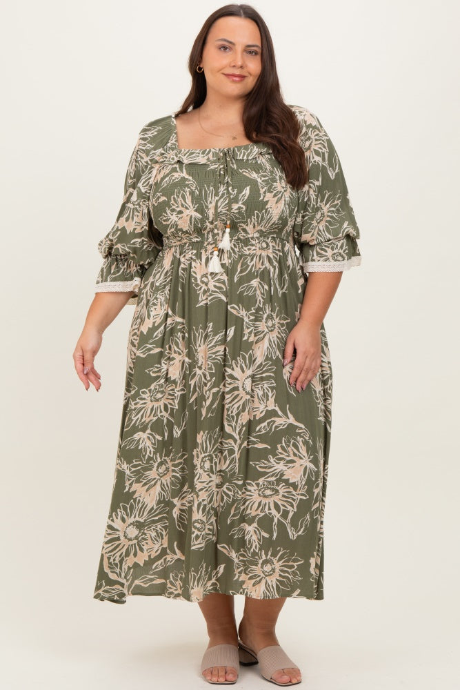 Olive Floral Smocked 3/4 Sleeve Plus Midi Dress