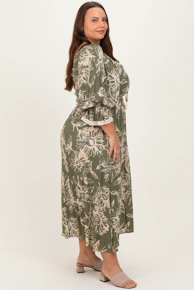 Olive Floral Smocked 3/4 Sleeve Plus Midi Dress