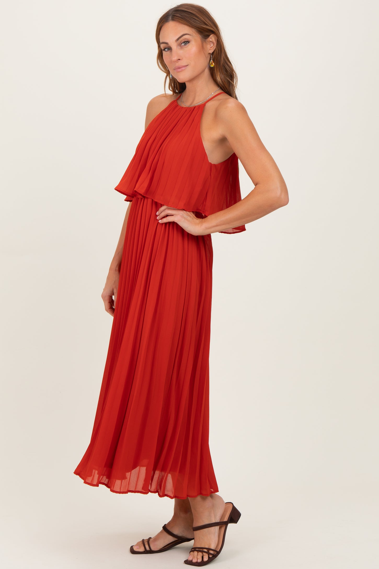 Red Pleated Woven Midi Dress