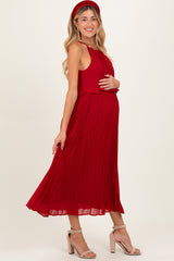 Burgundy Pleated Woven Maternity Midi Dress