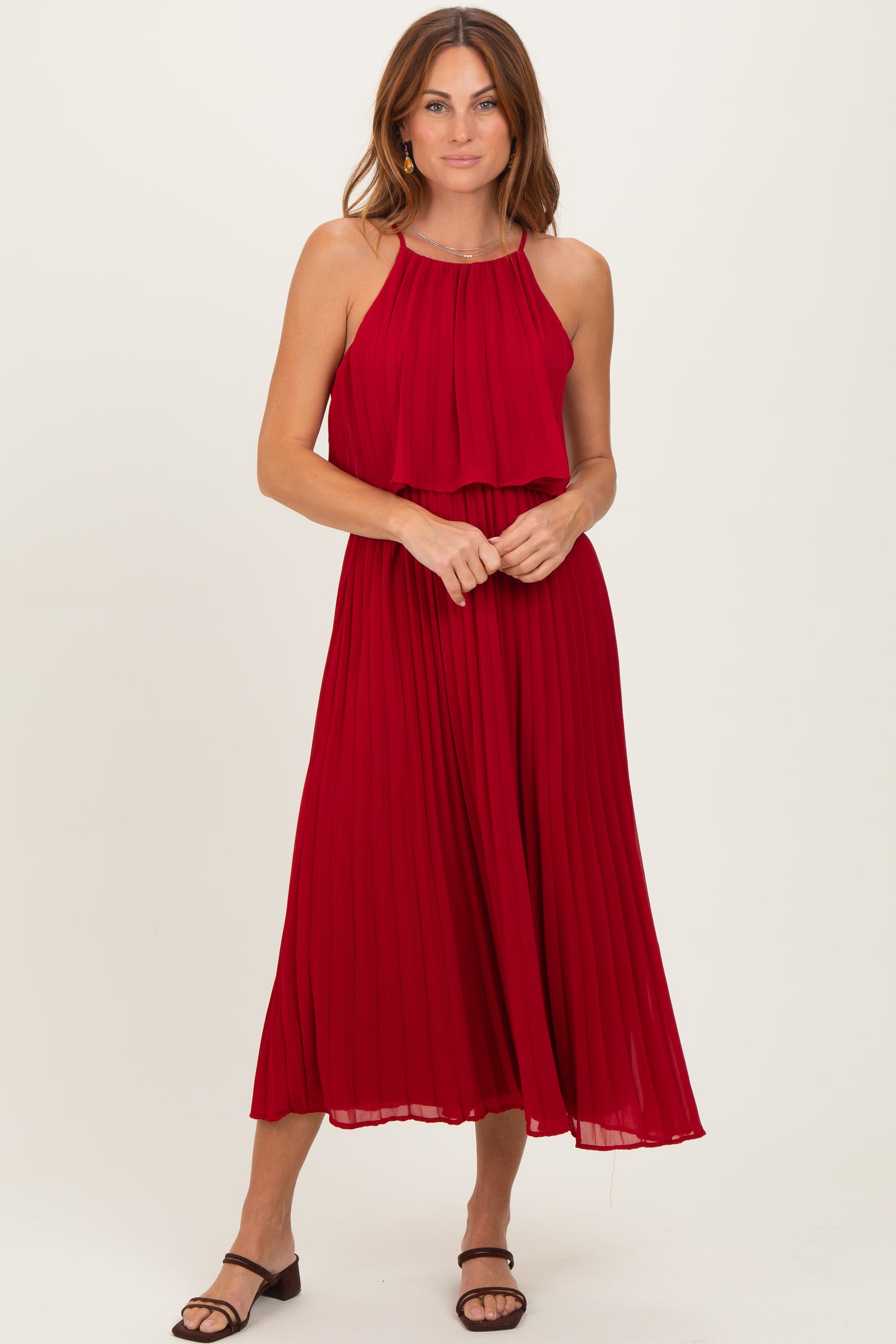 Burgundy Pleated Woven Midi Dress