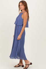 Light Navy Pleated Woven Midi Dress