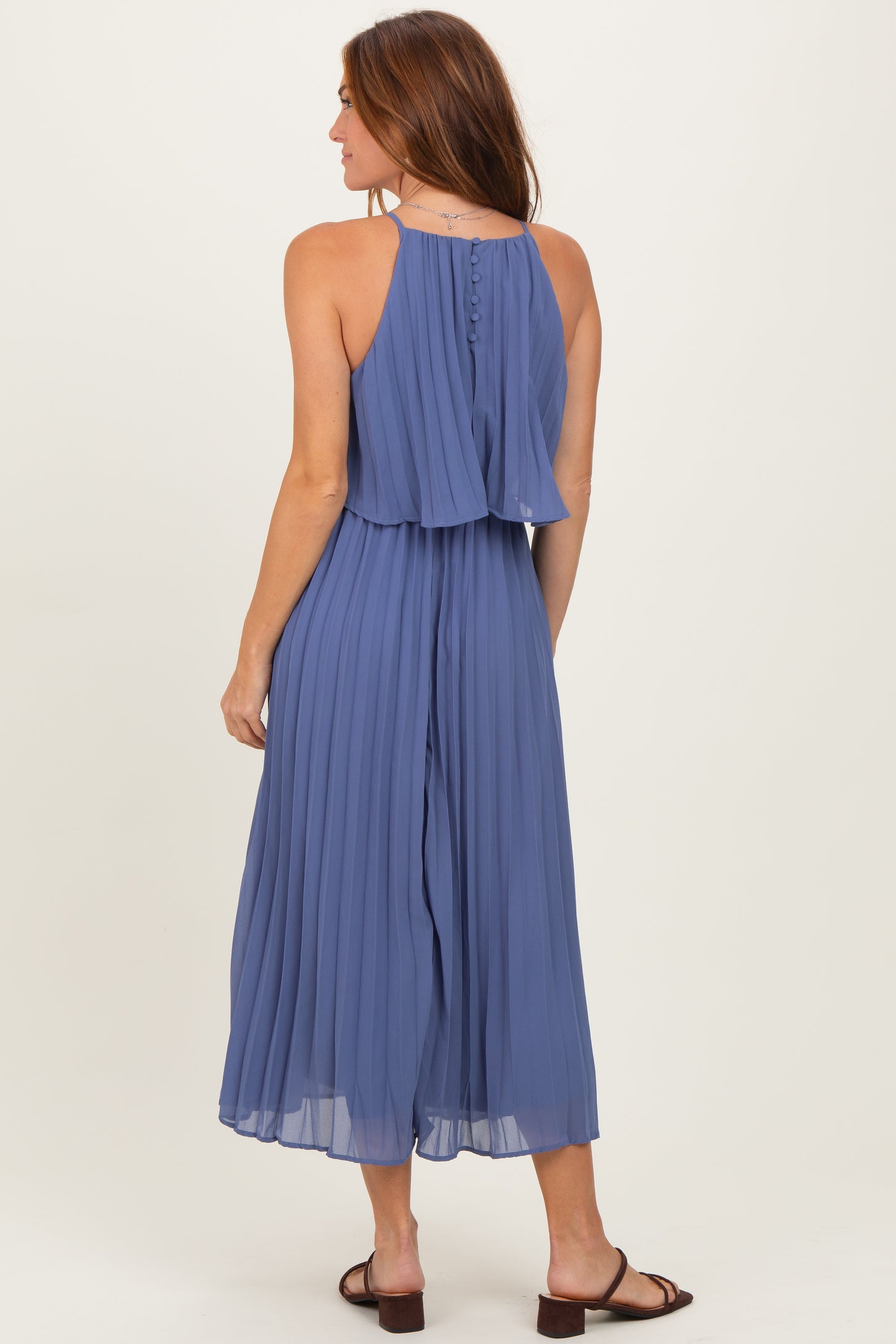 Light Navy Pleated Woven Midi Dress