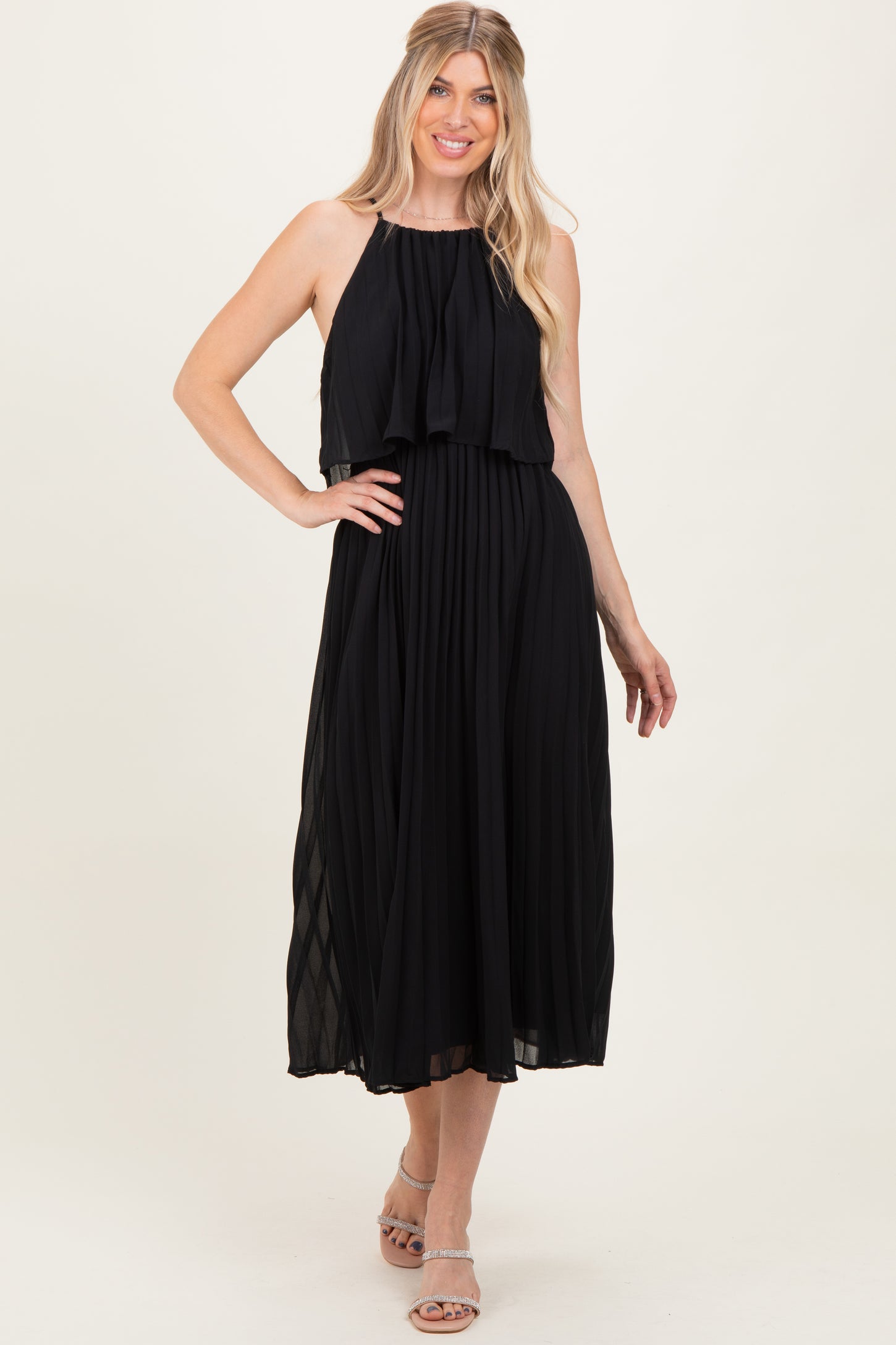 Black Pleated Woven Midi Dress