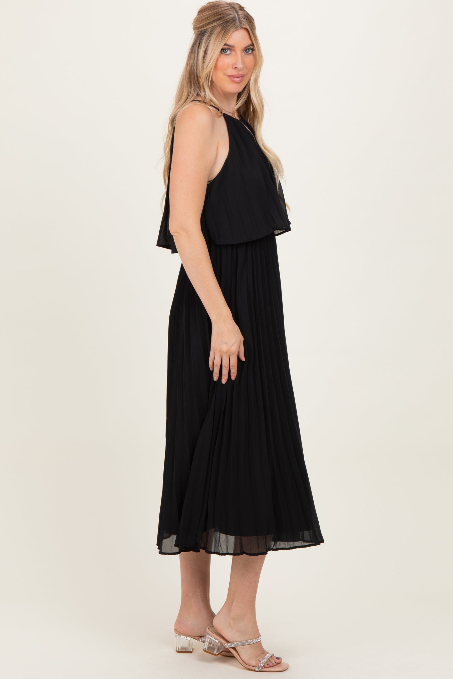 Black Pleated Woven Midi Dress