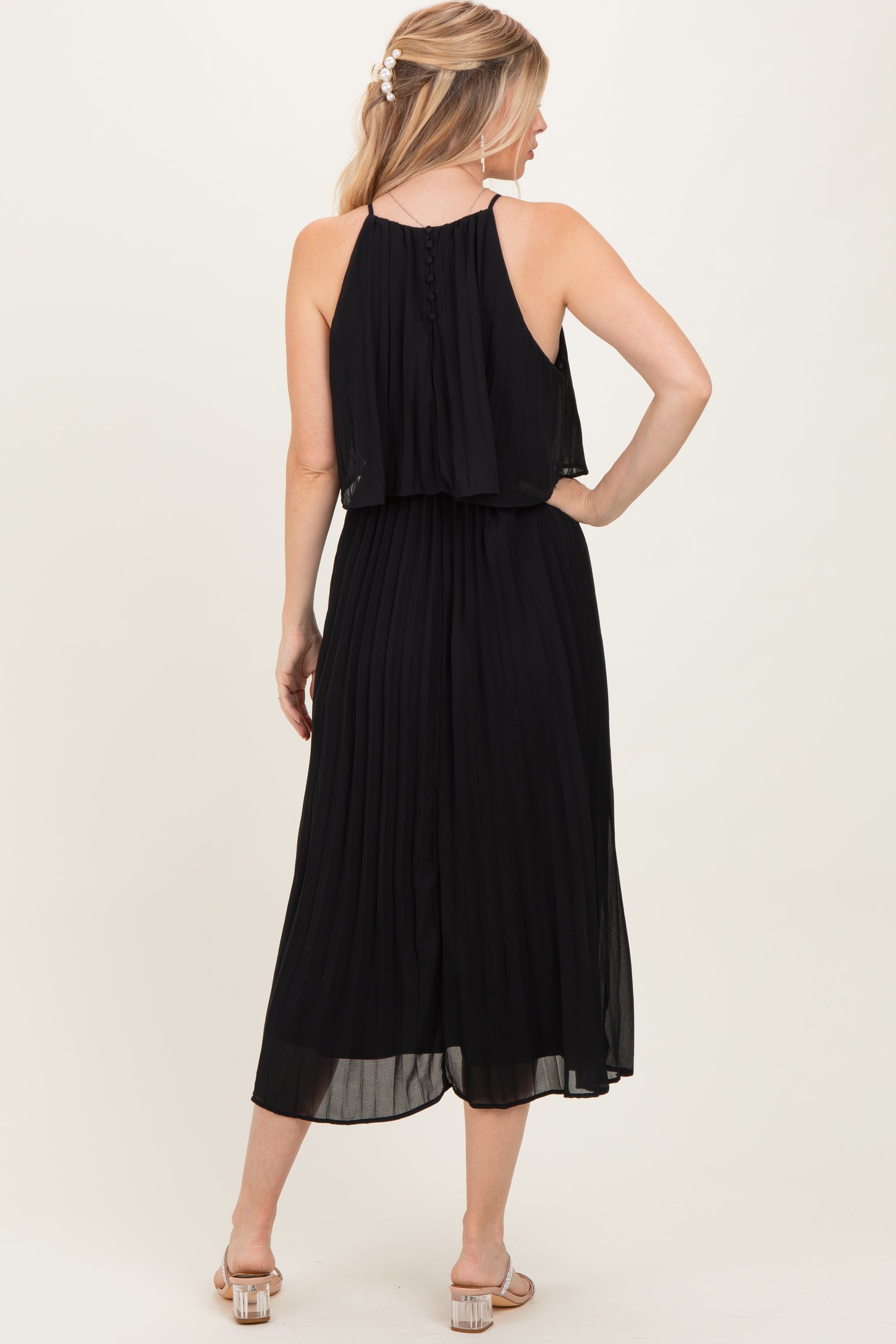 Black Pleated Woven Midi Dress
