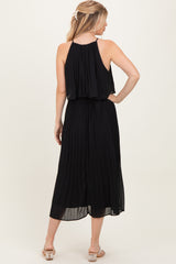 Black Pleated Woven Midi Dress