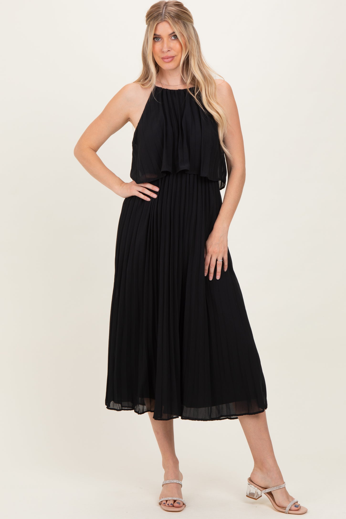Black Pleated Woven Midi Dress