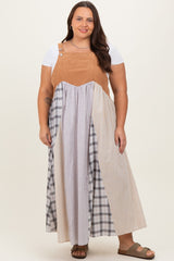 Mocha Multicolor Colorblock Plaid Denim Overall Plus Dress