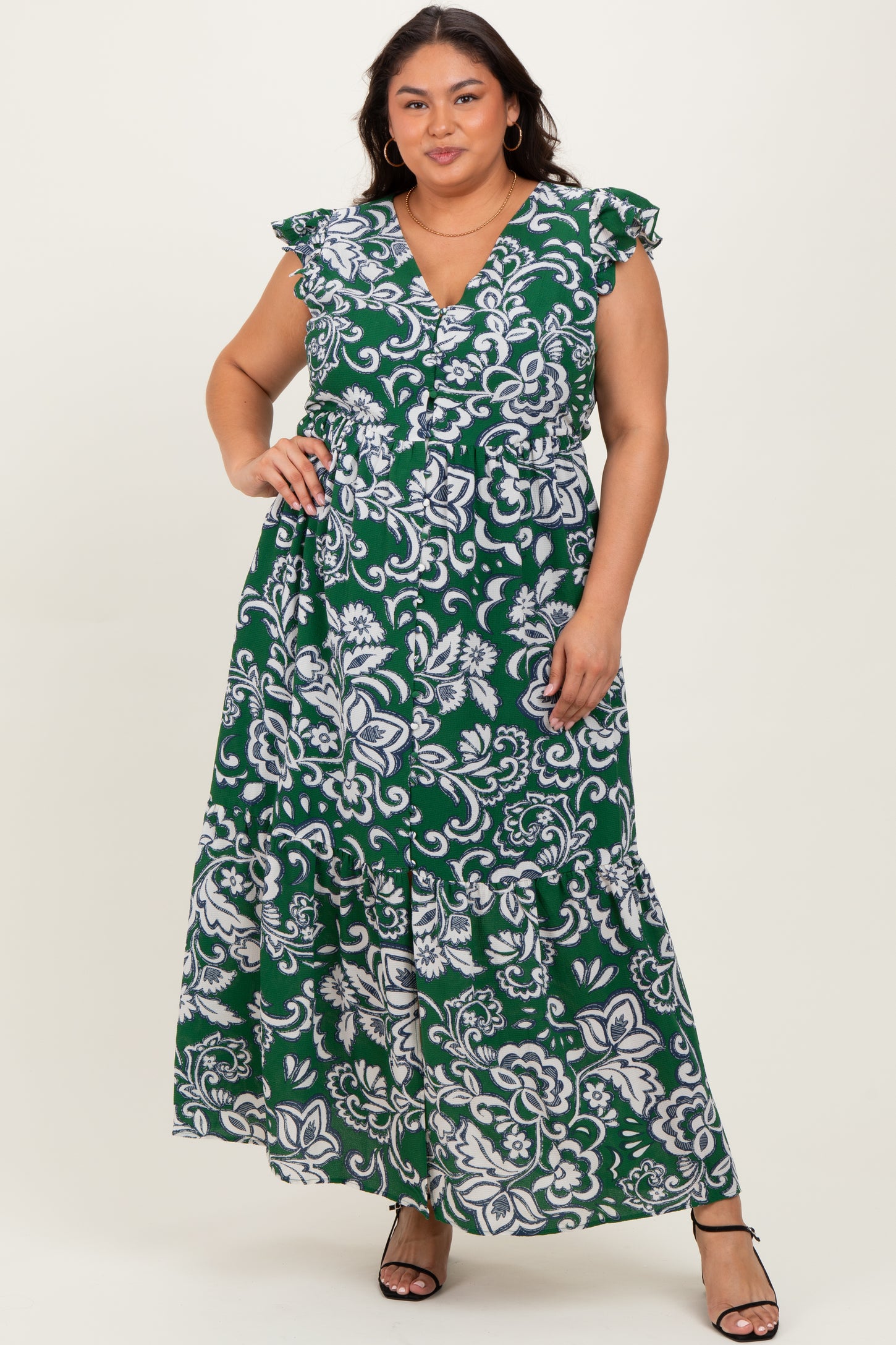 Cream-Green Floral Button Down Plus Maxi Dress