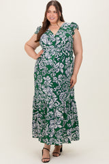 Cream-Green Floral Button Down Plus Maternity Maxi Dress