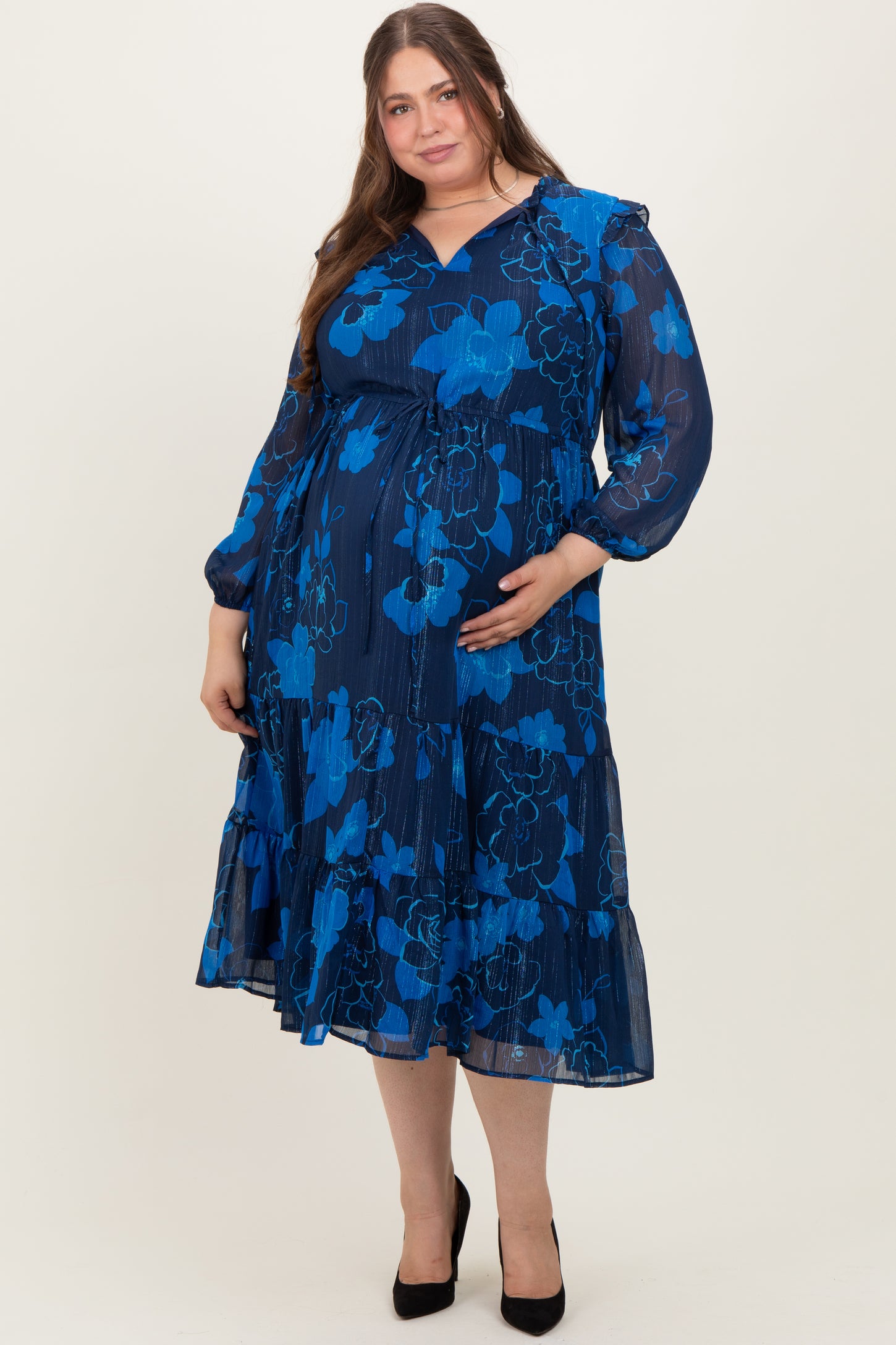Navy Blue Floral Tiered Plus Maternity Midi Dress