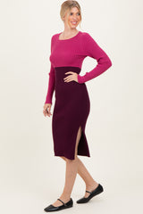 Magenta Knit Colorblock Long Sleeve Midi Dress