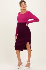 Magenta Knit Colorblock Long Sleeve Maternity Midi Dress