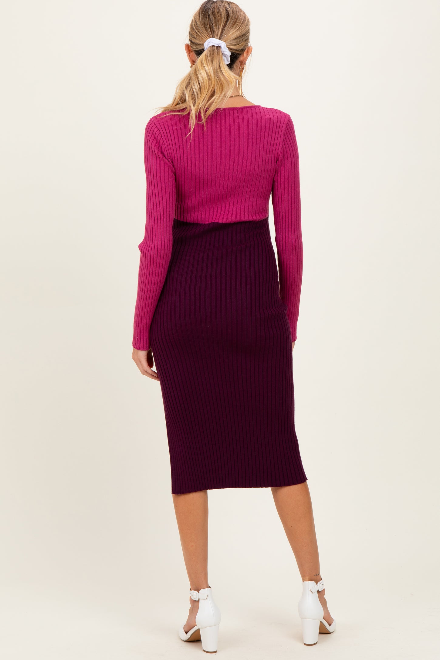 Magenta Knit Colorblock Long Sleeve Maternity Midi Dress