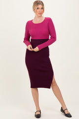 Magenta Knit Colorblock Long Sleeve Midi Dress