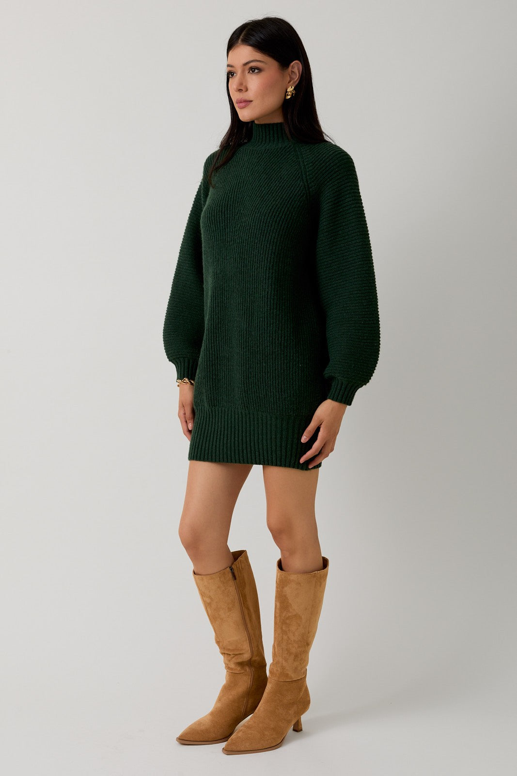 Hunter Green Mock Neck Cozy Sweater Dress