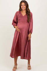 Mauve Satin Smocked Pleated Maternity Midi Dress