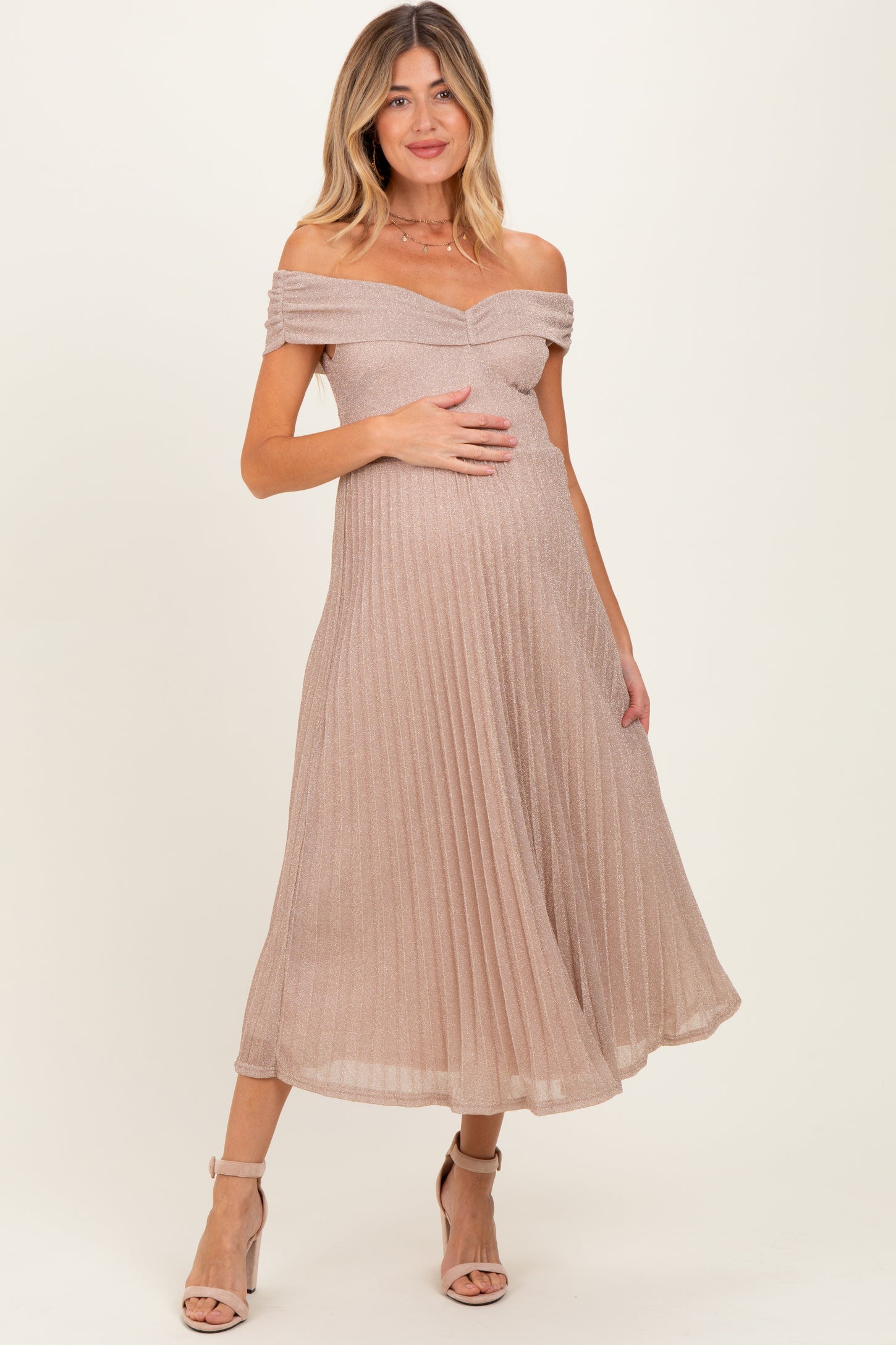 Beige Shimmer Off Shoulder Pleated Maternity Midi Dress