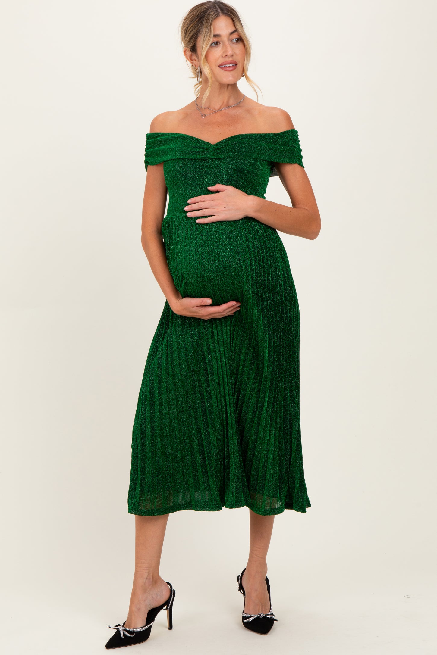 Forest Green Shimmer Off Shoulder Pleated Maternity Midi Dress