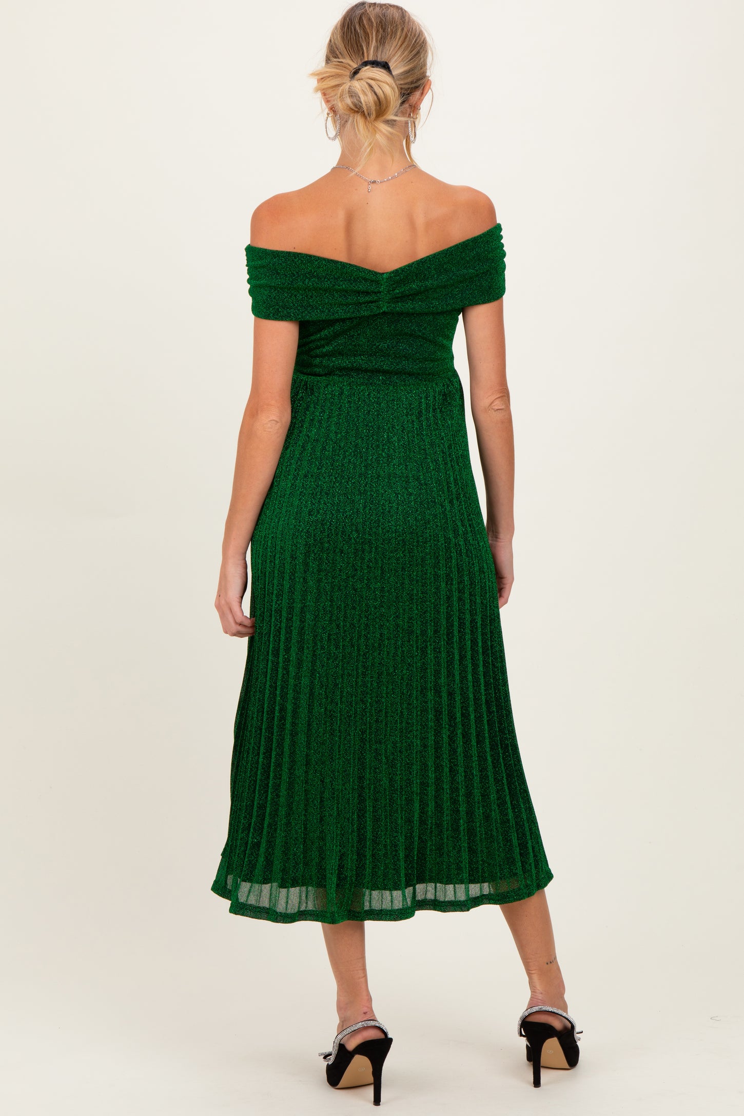 Forest Green Shimmer Off Shoulder Pleated Maternity Midi Dress