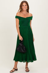 Forest Green Shimmer Off Shoulder Pleated Maternity Midi Dress