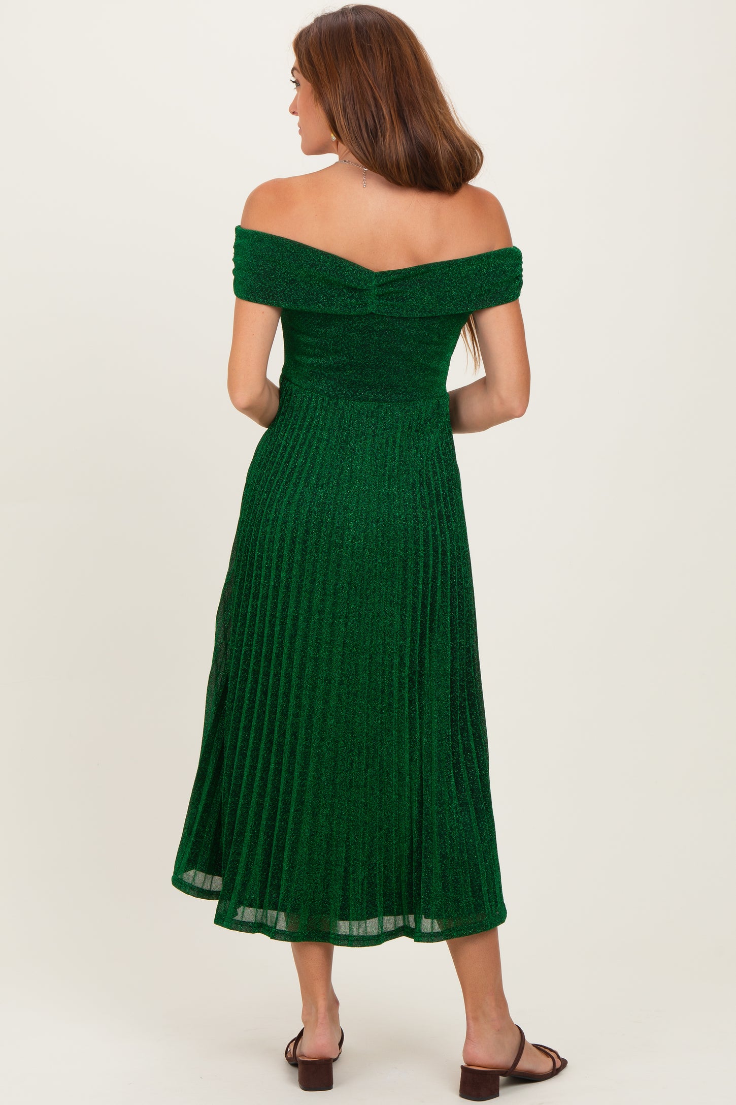 Forest Green Shimmer Off Shoulder Pleated Midi Dress