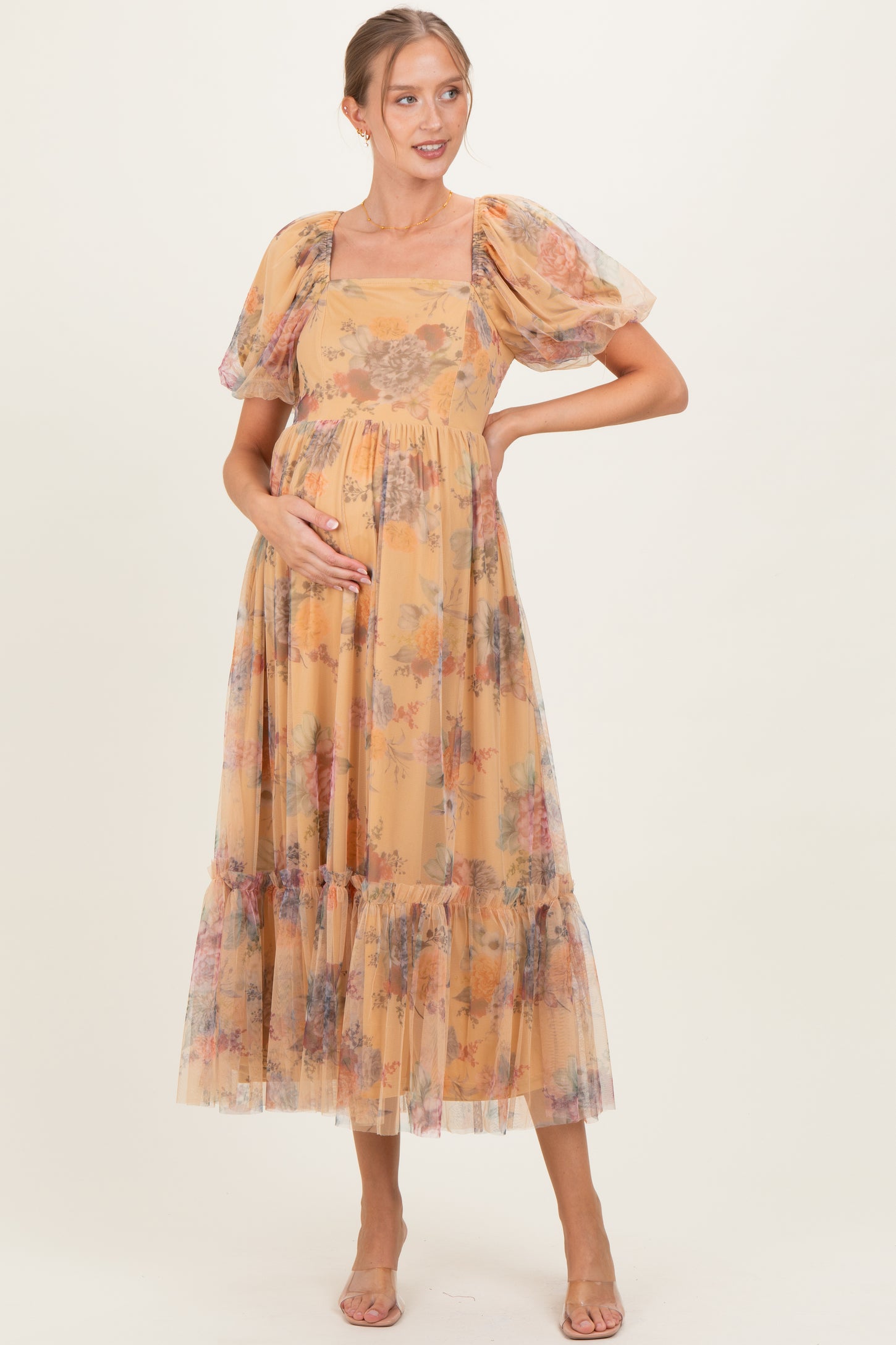 Yellow Floral Tulle Puff Sleeve Maternity Midi Dress