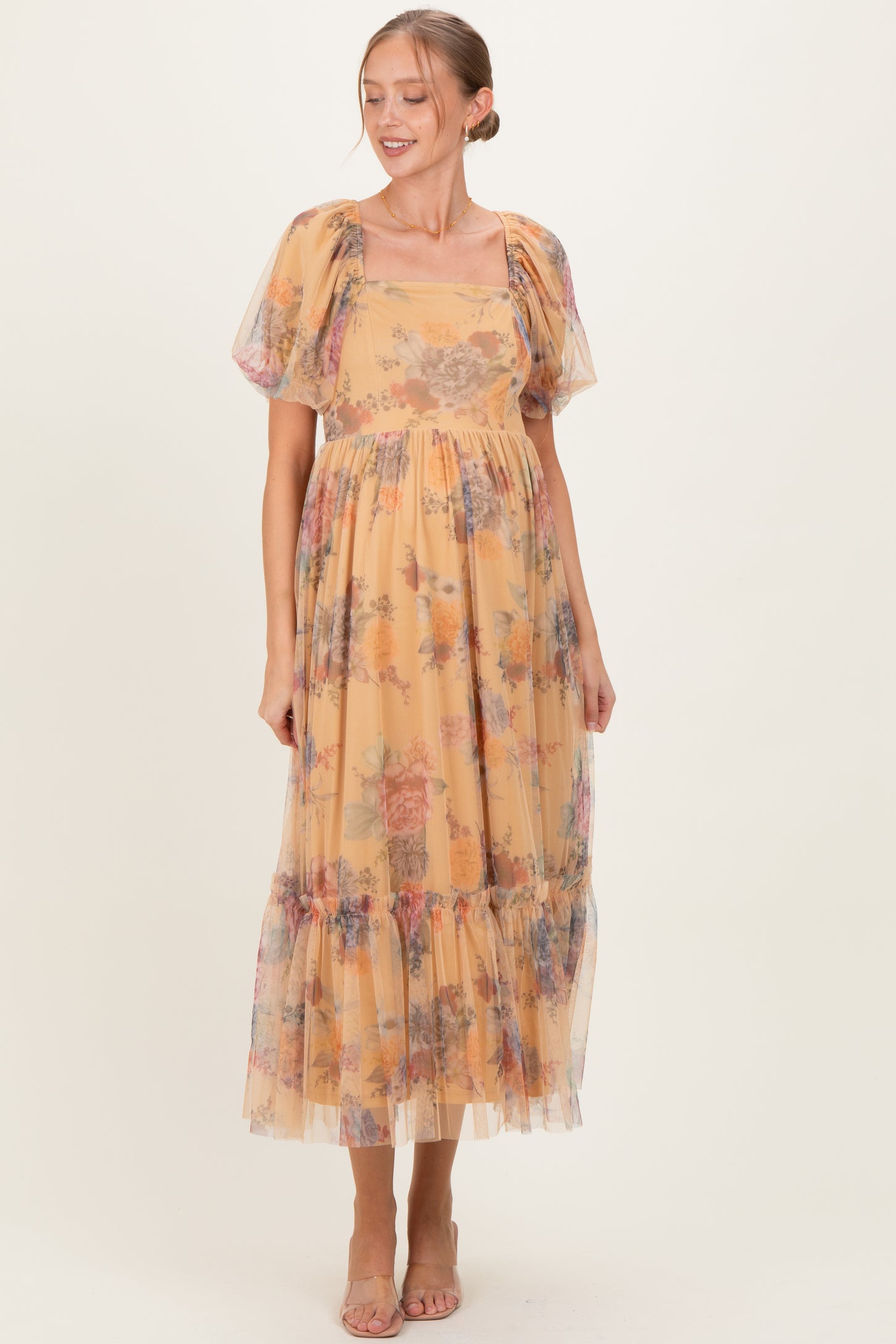 Yellow Floral Tulle Puff Sleeve Maternity Midi Dress