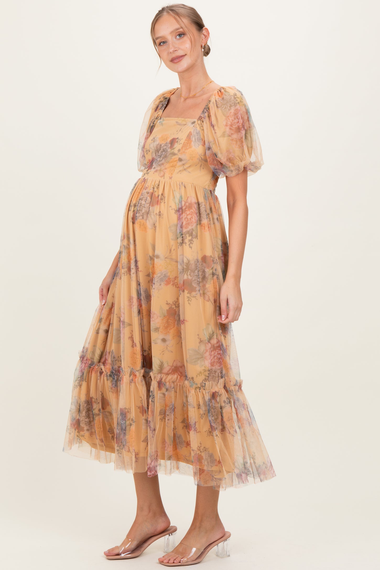 Yellow Floral Tulle Puff Sleeve Maternity Midi Dress