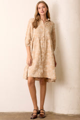 Beige Floral Button 3/4 Long Sleeve Midi Dress