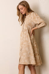 Beige Floral Button 3/4 Long Sleeve Midi Dress