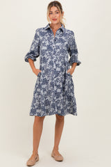 Navy Floral Button Down 3/4 Sleeve Maternity Midi Dress