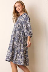 Navy Floral Button Down 3/4 Sleeve Midi Dress